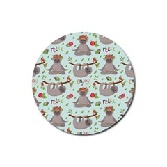 Seamless Pattern With Cute Sloths Relax Enjoy Yoga Rubber Round Coaster (4 Pack)  by Vaneshart