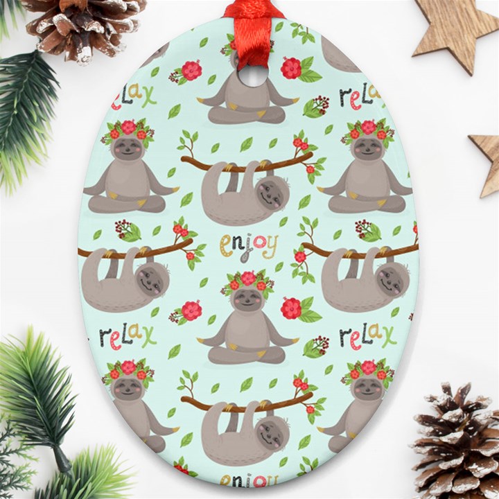 Seamless Pattern With Cute Sloths Relax Enjoy Yoga Oval Ornament (Two Sides)