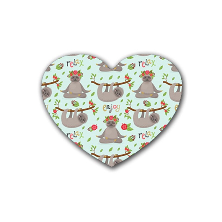 Seamless Pattern With Cute Sloths Relax Enjoy Yoga Rubber Coaster (Heart) 