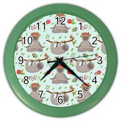 Seamless Pattern With Cute Sloths Relax Enjoy Yoga Color Wall Clock by Vaneshart