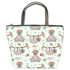 Seamless Pattern With Cute Sloths Relax Enjoy Yoga Bucket Bag by Vaneshart