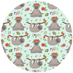 Seamless Pattern With Cute Sloths Relax Enjoy Yoga Wooden Puzzle Round by Vaneshart