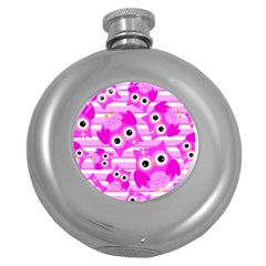 Pink Owl Pattern Background Round Hip Flask (5 Oz) by Vaneshart