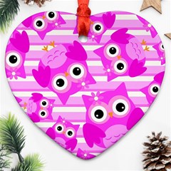 Pink Owl Pattern Background Heart Ornament (two Sides) by Vaneshart