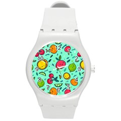 Various Fruits With Faces Seamless Pattern Round Plastic Sport Watch (m) by Vaneshart