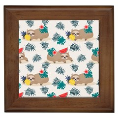 Cute Lazy Sloth Summer Fruit Seamless Pattern Framed Tile by Vaneshart