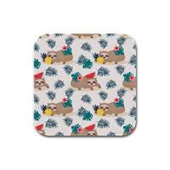 Cute Lazy Sloth Summer Fruit Seamless Pattern Rubber Square Coaster (4 Pack)  by Vaneshart