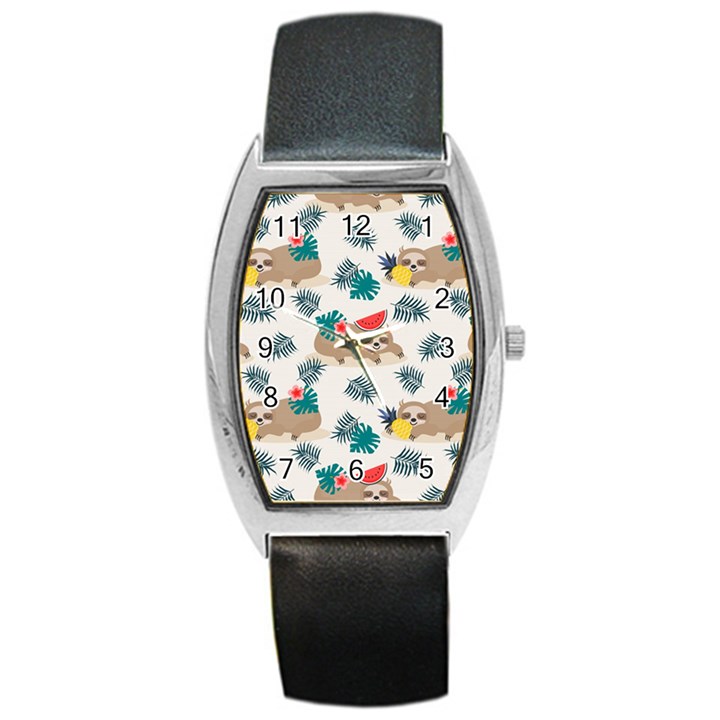 Cute Lazy Sloth Summer Fruit Seamless Pattern Barrel Style Metal Watch