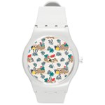 Cute Lazy Sloth Summer Fruit Seamless Pattern Round Plastic Sport Watch (M) Front