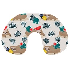 Cute Lazy Sloth Summer Fruit Seamless Pattern Travel Neck Pillow by Vaneshart