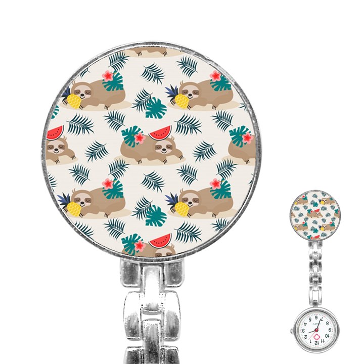 Cute Lazy Sloth Summer Fruit Seamless Pattern Stainless Steel Nurses Watch