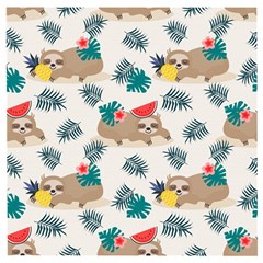 Cute Lazy Sloth Summer Fruit Seamless Pattern Wooden Puzzle Square by Vaneshart