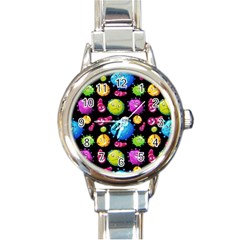 Seamless Background With Colorful Virus Round Italian Charm Watch by Vaneshart