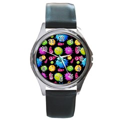 Seamless Background With Colorful Virus Round Metal Watch by Vaneshart