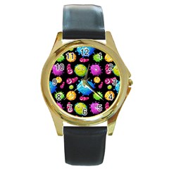 Seamless Background With Colorful Virus Round Gold Metal Watch by Vaneshart