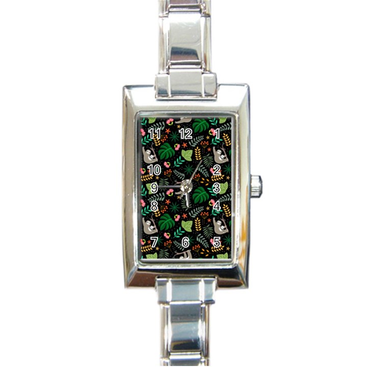 Floral Pattern With Plants Sloth Flowers Black Backdrop Rectangle Italian Charm Watch