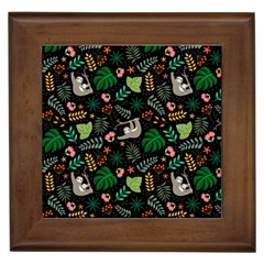 Floral Pattern With Plants Sloth Flowers Black Backdrop Framed Tile by Vaneshart