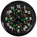 Floral Pattern With Plants Sloth Flowers Black Backdrop Wall Clock (Black) Front