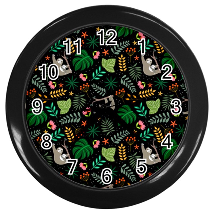 Floral Pattern With Plants Sloth Flowers Black Backdrop Wall Clock (Black)