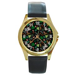 Floral Pattern With Plants Sloth Flowers Black Backdrop Round Gold Metal Watch by Vaneshart