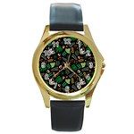 Floral Pattern With Plants Sloth Flowers Black Backdrop Round Gold Metal Watch Front