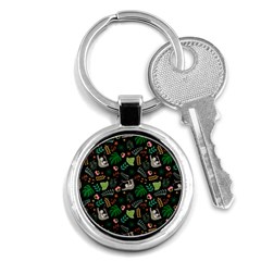 Floral Pattern With Plants Sloth Flowers Black Backdrop Key Chain (round) by Vaneshart