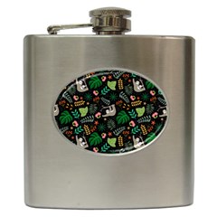 Floral Pattern With Plants Sloth Flowers Black Backdrop Hip Flask (6 Oz) by Vaneshart