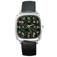 Floral Pattern With Plants Sloth Flowers Black Backdrop Square Metal Watch by Vaneshart