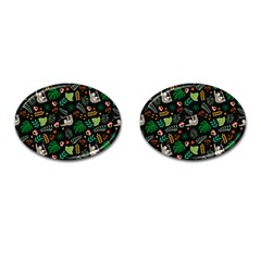 Floral Pattern With Plants Sloth Flowers Black Backdrop Cufflinks (oval) by Vaneshart