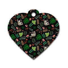 Floral Pattern With Plants Sloth Flowers Black Backdrop Dog Tag Heart (two Sides) by Vaneshart