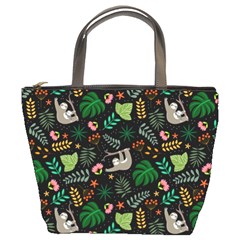 Floral Pattern With Plants Sloth Flowers Black Backdrop Bucket Bag by Vaneshart