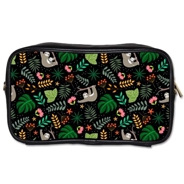 Floral Pattern With Plants Sloth Flowers Black Backdrop Toiletries Bag (Two Sides)