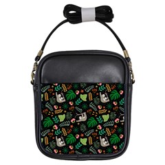 Floral Pattern With Plants Sloth Flowers Black Backdrop Girls Sling Bag by Vaneshart