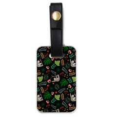 Floral Pattern With Plants Sloth Flowers Black Backdrop Luggage Tag (one Side) by Vaneshart