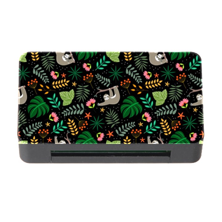 Floral Pattern With Plants Sloth Flowers Black Backdrop Memory Card Reader with CF