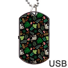 Floral Pattern With Plants Sloth Flowers Black Backdrop Dog Tag Usb Flash (two Sides) by Vaneshart