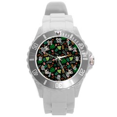 Floral Pattern With Plants Sloth Flowers Black Backdrop Round Plastic Sport Watch (l) by Vaneshart