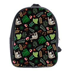 Floral Pattern With Plants Sloth Flowers Black Backdrop School Bag (xl) by Vaneshart