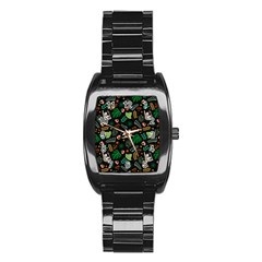 Floral Pattern With Plants Sloth Flowers Black Backdrop Stainless Steel Barrel Watch by Vaneshart