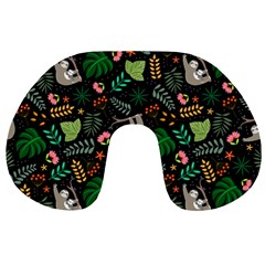 Floral Pattern With Plants Sloth Flowers Black Backdrop Travel Neck Pillow by Vaneshart