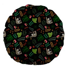 Floral Pattern With Plants Sloth Flowers Black Backdrop Large 18  Premium Flano Round Cushions by Vaneshart