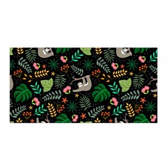 Floral Pattern With Plants Sloth Flowers Black Backdrop Satin Wrap