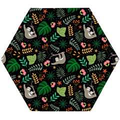 Floral Pattern With Plants Sloth Flowers Black Backdrop Wooden Puzzle Hexagon by Vaneshart