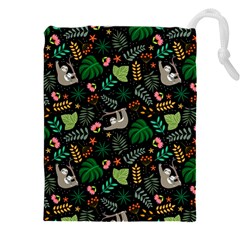 Floral Pattern With Plants Sloth Flowers Black Backdrop Drawstring Pouch (4xl) by Vaneshart