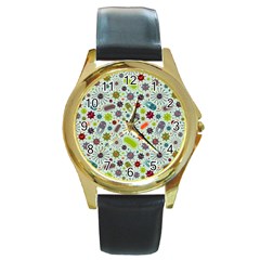 Seamless Pattern With Viruses Round Gold Metal Watch by Vaneshart