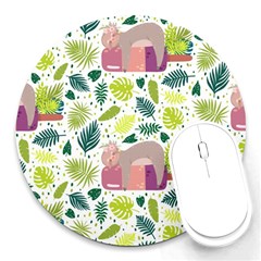 Cute Sloth Sleeping Ice Cream Surrounded By Green Tropical Leaves Round Mousepads by Vaneshart