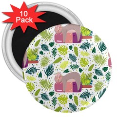 Cute Sloth Sleeping Ice Cream Surrounded By Green Tropical Leaves 3  Magnets (10 Pack)  by Vaneshart