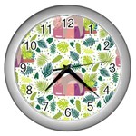 Cute Sloth Sleeping Ice Cream Surrounded By Green Tropical Leaves Wall Clock (Silver) Front