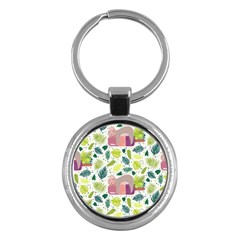 Cute Sloth Sleeping Ice Cream Surrounded By Green Tropical Leaves Key Chain (round) by Vaneshart