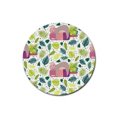 Cute Sloth Sleeping Ice Cream Surrounded By Green Tropical Leaves Rubber Coaster (round)  by Vaneshart